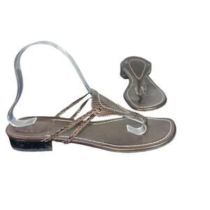 Stuart Weitzman Brown Strappy Leather Sandal Sz 9.5 Minimalist Flat Snake Detail